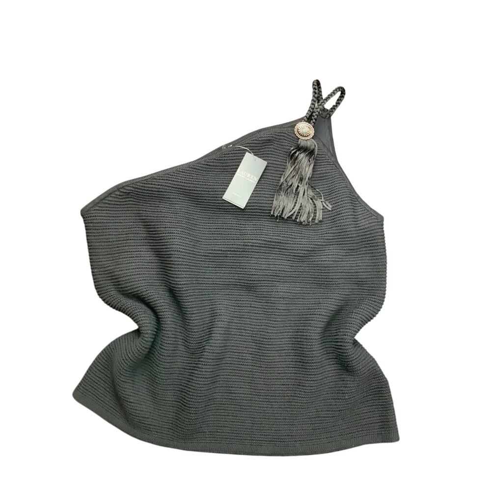 NWT Lauren Ralph Lauren One Shoulder Knit Top Black Fringe Tassel 2X Black Label